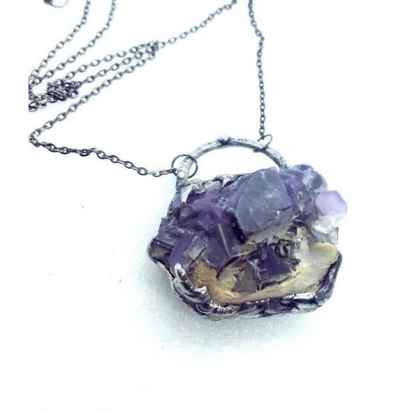 Huge Purple Flourite Octohedral crystal necklace  handmade gothic fantasy metal - Picture 6 of 12